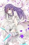  armor armored_boots bangs blue_eyes blush boots closed_mouth eyebrows_visible_through_hair fate/extra fate/extra_ccc fate/grand_order fate_(series) floral_background flower from_above juliet_sleeves lily_(flower) long_hair long_sleeves lying meltlilith navel on_side puffy_sleeves purple_hair solo sparkle white_flower yuge_(yuge_bakuhatsu) 