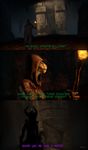  2016 3d_(artwork) ambiguous_species anthro argonian armor bizzyniz cave clothed clothing comic detailed dialogue digital_media_(artwork) female fully_clothed helmet hi_res hoodie inside rear_view reptile scalie side_view skyrim source_filmmaker standing the_elder_scrolls torch video_games 