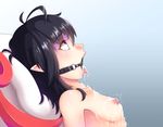  1girl after_fellatio after_sex antenna_hair asphyxiation bar_censor bdsm black_hair blue_background blush bondage bound breasts censored choking collarbone cum cum_in_mouth cum_on_body cum_on_breasts cum_on_upper_body fangs from_side gag gradient gradient_background houjuu_nue lying nipples nude nuenya on_back open_mouth pillow pointy_ears profile red_eyes ring_gag rolling_eyes shaded_face small_breasts solo sweat tongue tongue_out touhou trembling upper_body wings 