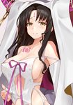  areola_slip areolae bangs bare_shoulders blush breasts covered_nipples detached_sleeves fate/extra fate/extra_ccc fate_(series) horns large_breasts long_hair looking_at_viewer navel_cutout nipples parted_bangs parted_lips sesshouin_kiara shunichi solo upper_body veil very_long_hair wavy_hair yellow_eyes 