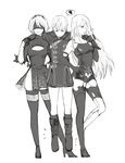  2girls absurdres blindfold breasts carrying choker dress feather-trimmed_sleeves gloves greyscale height_conscious highres long_hair medium_breasts mole mole_under_mouth monochrome multiple_girls nier_(series) nier_automata pout pullssack smile thighhighs yorha_no._2_type_b yorha_no._9_type_s yorha_type_a_no._2 