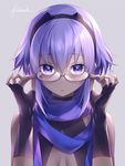  artist_name bespectacled dark_skin fate/prototype fate/prototype:_fragments_of_blue_and_silver fate_(series) glasses hassan_of_serenity_(fate) kousaki_rui looking_at_viewer open_mouth purple_eyes purple_hair scarf short_hair signature simple_background solo 