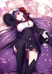  bb_(fate)_(all) bb_(fate/extra_ccc) black_legwear blush breasts fate/extra fate/extra_ccc fate_(series) gloves hair_ribbon kyouya_(mukuro238) large_breasts long_hair looking_at_viewer lying on_back petals purple_eyes purple_hair red_ribbon ribbon smile solo thighhighs very_long_hair white_gloves 