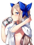 asakaze_(kantai_collection) beer_can blonde_hair blue_eyes blue_ribbon can drinking hair_ribbon highres kantai_collection long_hair nude orihi_chihiro ribbon simple_background solo sweat towel towel_around_neck twitter_username white_background 