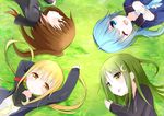  :o ;d black_jacket black_serafuku blonde_hair blue_eyes blue_hair blue_neckwear brown_eyes brown_hair cardigan crescent crescent_hair_ornament crescent_moon_pin fumizuki_(kantai_collection) green_eyes green_hair hair_ornament jacket kantai_collection long_hair long_sleeves lying minazuki_(kantai_collection) multiple_girls nagatsuki_(kantai_collection) neckerchief on_back on_grass on_side one_eye_closed open_mouth ponytail remodel_(kantai_collection) satsuki_(kantai_collection) school_uniform serafuku smile sou_(soutennkouchi) twintails yellow_eyes 