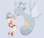  blue_eyes blue_hair crystal_(pokemon) flower gen_2_pokemon hair_flower hair_ornament kingdra komasawa_(fmn-ppp) pokemon pokemon_(creature) pokemon_(game) pokemon_gsc shorts smile turtleneck twintails 