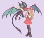  black_legwear blue_eyes brown_hair eyewear_on_head flower gen_6_pokemon hands_together hat komasawa_(fmn-ppp) mouth_hold noivern open_mouth pleated_skirt pokemon pokemon_(creature) pokemon_(game) pokemon_xy serena_(pokemon) skirt smile sunglasses thighhighs 