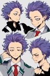 bags_under_eyes blood blue_hair boku_no_hero_academia clenched_teeth face from_side half-closed_eyes highres looking_at_viewer male_focus necktie o2_(o2mm) purple_eyes red_neckwear school_uniform shinsou_hitoshi smile smirk solo sweat tears teeth torn_clothes track_suit u.a._school_uniform upper_body 