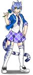  ahoge animal_ears blue_flower blue_hair blue_rose collared_shirt flower full_body garter_straps hair_between_eyes hand_on_hip hand_up holding holding_flower jacket kemono_friends lips looking_at_viewer lowres maltese_tiger_(kemono_friends) multicolored_hair necktie open_clothes open_jacket pinky_out pixel_art plaid plaid_skirt rose shirt short_hair simple_background skirt sleeves_rolled_up smile solo standing striped_tail tail thighhighs tiger_ears tiger_tail toramarysyou white_background white_hair wing_collar yellow_eyes zettai_ryouiki 