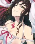  armpits bare_shoulders black_hair blush breasts brown_eyes cleavage closed_mouth collarbone commentary_request facial_mark fate/extra fate/extra_ccc fate_(series) forehead_mark highres horns large_breasts long_hair looking_at_viewer pink_ribbon ribbon sataking sesshouin_kiara smile solo upper_body veil wavy_hair 