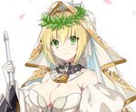  aestus_estus bangs blonde_hair breasts chain cleavage closed_mouth detached_sleeves eyebrows_visible_through_hair fate/extra fate/extra_ccc fate/grand_order fate_(series) gloves green_eyes haikimono_shounen hair_between_eyes holding holding_sword holding_weapon large_breasts lock looking_at_viewer nero_claudius_(bride)_(fate) nero_claudius_(fate)_(all) padlock petals sidelocks simple_background smile solo sword upper_body weapon white_background white_gloves white_sleeves wreath zipper 