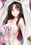  areola_slip areolae bangs bare_shoulders blush breasts covered_nipples detached_sleeves fate/extra fate/extra_ccc fate_(series) highres horns large_breasts long_hair looking_at_viewer navel_cutout nipples parted_bangs parted_lips sesshouin_kiara shunichi upper_body veil very_long_hair wavy_hair yellow_eyes 