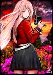  1girl back beautiful fate_grand_order long_hair military_uniform nightingale nightingale_(fate_grand_order) pink_hair pistol torn_clothes uniform 