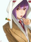  amino_(tn7135) bangs blunt_bangs blurry brown_coat candy carrot coat depth_of_field drawstring ear_clip eating fingernails food grey_background holding holding_food hood hood_up hooded_jacket jacket lollipop long_hair long_sleeves nail_polish necktie pink_nails purple_hair red_eyes reisen_udongein_inaba simple_background solo striped striped_neckwear touhou upper_body white_jacket wing_collar zipper 