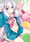  blue_eyes blush breasts cellphone eromanga_sensei izumi_sagiri jacket long_hair looking_at_viewer mikan_no_shiru navel open_clothes open_jacket pajamas phone sitting small_breasts solo stuffed_animal stuffed_bunny stuffed_octopus stuffed_toy underboob wariza white_hair 