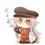  belt black_gloves brown_eyes chibi collared_shirt commentary gangut_(kantai_collection) gloves grey_hair hat jacket kantai_collection long_hair lowres peaked_cap pipe pipe_in_mouth rebecca_(keinelove) remodel_(kantai_collection) scar shirt silver_hair simple_background skirt smoke smoking solo white_background 