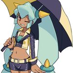  ;d aqua_hair aqua_shirt bangs belt black_shorts breasts cleavage cowboy_shot cropped_jacket dark_skin eyebrows_visible_through_hair groin holding holding_umbrella long_hair long_sleeves looking_at_viewer midriff muu_(mumumer) navel one_eye_closed open_mouth race_queen red_eyes rockman rockman_dash shirt short_shorts shorts sidelocks simple_background small_breasts smile solo standing teeth twintails umbrella very_long_hair white_background yellow_belt yuna_(rockman_dash) zipper 