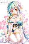  aqua_hair bare_shoulders blush breasts cleavage collarbone fate/grand_order fate_(series) hair_ornament horns japanese_clothes kimono kiyohime_(fate/grand_order) kneeling large_breasts long_hair looking_at_viewer obi sash smile solo thighhighs twitter_username white_legwear yanagi_akane_(yousei_kinoko) yellow_eyes 