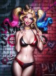  absurdres against_wall ayya_saparniyazova baseball_bat batman_(series) bikini blonde_hair blue_eyes blue_hair breasts choker cleavage crotch_zipper dc_comics gumroad_reward harley_quinn highres jewelry large_breasts licking_lips lipstick long_hair looking_at_viewer makeup multicolored_hair nail_polish navel open_mouth paid_reward realistic ring solo standing stomach suicide_squad swimsuit tongue tongue_out twintails two-tone_hair wall zipper 