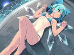  bikini blue_bikini blue_bow blue_eyes blue_hair bow cirno dot_(bank666) hair_bow ice ice_wings knee_up looking_at_viewer lying navel on_back one-piece_tan short_hair sky solo star_(sky) starry_sky stomach swimsuit tan tanline tanned_cirno touhou wet wings 