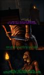  2016 3d_(artwork) ambiguous_species anthro argonian armor bizzyniz cave close-up clothed clothing comic detailed dialogue digital_media_(artwork) female fully_clothed helmet hi_res hoodie inside knife rear_view reptile scalie side_view skyrim source_filmmaker standing the_elder_scrolls torch video_games 