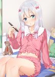  :o aqua_eyes bare_legs bed blush bow buttons collarbone elbow_gloves eromanga_sensei frilled_shorts frilled_sleeves frills gloves hair_bow izumi_sagiri legs long_hair long_sleeves looking_at_viewer mikazuchi_zeus navel pajamas pink_bow ribbon shorts silver_hair simple_background sitting solo stomach stuffed_animal stuffed_toy stylus tablet teddy_bear white_background 