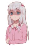  blue_eyes blue_hair blush bow closed_mouth collarbone commentary_request empty_eyes eromanga_sensei eyebrows_visible_through_hair frilled_sleeves frills frown hair_between_eyes hair_bow izumi_sagiri long_hair long_sleeves looking_at_viewer maredoro pink_bow pink_pajamas shaded_face simple_background sleeves_past_wrists solo upper_body white_background 