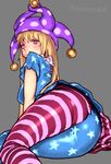  american_flag_dress american_flag_legwear ass breasts clownpiece dress gengoroumaru_(ambidextrous) grey_background hat jester_cap long_hair lying medium_breasts neck_ruff pantyhose polka_dot purple_eyes short_dress short_sleeves simple_background solo star star_print striped striped_legwear touhou twitter_username 