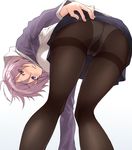  ass bent_over blush breasts fate/grand_order fate_(series) from_behind from_below gusset hand_on_own_ass highres hood hoodie legs mash_kyrielight medium_breasts panties panties_under_pantyhose pantyhose pantylines pleated_skirt purple_eyes purple_hair revision short_hair shunichi simple_background skirt solo thighband_pantyhose thighs underwear wavy_mouth white_background 