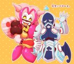  1boy 1girl aigaron armor candelira hearts hug monster_boy monster_girl pink_hair smile super_sentai zyuden_sentai_kyoryuger 