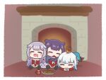  3girls :&gt; :3 absurdres alternate_costume blue_hair blush_stickers cookie cup drooling ebi-chan_(gawr_gura) fins fireplace fish_tail food gawr_gura hair_ornament hat highres hololive hololive_english hug koseki_bijou long_hair lying milk mpien mug multicolored_hair multiple_girls ninomae_ina&#039;nis on_stomach orange_hair pebble_(koseki_bijou) santa_costume santa_hat shark_hair_ornament shark_tail shrimp sitting sleeping tail takodachi_(ninomae_ina&#039;nis) tentacle_hair two_side_up virtual_youtuber white_hair 