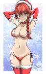  1girl bikini breasts choker cleavage cowboy_shot elbow_gloves fur-trimmed_bikini fur-trimmed_gloves fur-trimmed_headwear fur-trimmed_thighhighs fur_trim gakky gloves hat highres kantai_collection large_breasts nevada_(kancolle) one-hour_drawing_challenge red_bikini red_choker red_headwear red_thighhighs santa_hat side-tie_bikini_bottom snowflake_background solo swimsuit thighhighs 
