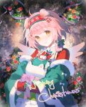  1girl absurdres ahoge animal_ears arknights blue_bow blush bow braid cat_ears cat_girl christmas_wreath detached_sleeves floppy_ears floral_print flower fur-trimmed_sleeves fur_trim goldenglow_(arknights) goldenglow_(maiden_for_the_bright_night)_(arknights) green_bow green_sleeves hair_bow hair_ornament hairband head_tilt highres layered_sleeves long_hair long_sleeves looking_at_viewer merry_christmas official_alternate_costume pink_hair poinsettia print_hairband red_bow red_hairband red_shirt shirt smile solo upper_body wreath wyc_zz x_hair_ornament yellow_eyes 