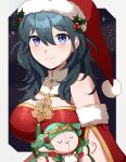  1girl bare_shoulders black_hair blue_eyes breasts brooch byleth_(female)_(fire_emblem) byleth_(female)_(frosty_professor)_(fire_emblem) byleth_(fire_emblem) character_doll cleavage doll fire_emblem fire_emblem:_three_houses fire_emblem_heroes gmais2514 hat highres holding holding_doll jewelry large_breasts looking_at_viewer official_alternate_costume santa_costume santa_hat smile solo sothis_(fire_emblem) sothis_(winter)_(fire_emblem) upper_body 