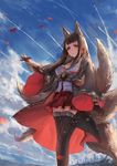  akagi_(azur_lane) animal_ears azur_lane bangs black_hair black_legwear blue_sky blush closed_mouth cloud cloudy_sky commentary_request day fox_ears fox_tail highres japanese_clothes kimono kyuubi long_hair multiple_tails open_clothes open_kimono outdoors red_eyes red_skirt sishenfan skirt sky smile solo standing tail thighhighs zettai_ryouiki 