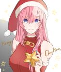  1girl arm_tattoo bare_shoulders blue_eyes christmas_ornaments commentary detached_sleeves fur-trimmed_headwear fur-trimmed_shirt fur-trimmed_sleeves fur_trim hat holding holding_star long_hair looking_at_viewer megurine_luka merry_christmas moa0291 pink_hair pom_pom_(clothes) red_headwear red_shirt red_sleeves santa_costume santa_hat shadow shirt sleeveless sleeveless_shirt smile solo star_(symbol) star_ornament tattoo upper_body vocaloid 