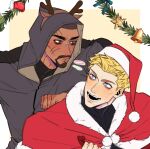  2boys beard christmas couple dark-skinned_male dark_skin facial_hair goatee hat highres interracial looking_at_another looking_back male_focus mature_male multiple_boys mustache overwatch overwatch_1 reaper_(overwatch) red_headwear santa_costume santa_hat scar short_hair soldier:_76_(overwatch) thick_beard thick_eyebrows upper_body yaoi yxkhage 