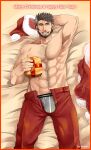  1boy abs bara beard box bulge cheekbones chest_hair christmas facial_hair feet_out_of_frame from_above full_beard gift gift_box grey_male_underwear hairy hat highres jacket kiyoshi_(tsuzura802807) large_pectorals light_blush looking_at_viewer lying male_focus male_underwear male_underwear_peek mature_male multicolored_hair muscular muscular_male navel navel_hair no_nipples old old_man on_back on_bed original pectorals red_headwear santa_costume santa_hat seductive_smile short_hair smile solo stomach streaked_hair thick_beard thick_eyebrows topless_male underwear unworn_jacket 