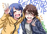  :d ;d ^_^ arm_around_shoulder blue_hair brown_hair casual character_name closed_eyes copyright_name glasses highres hood hoodie jacket kanoya_rui male_focus mizushino_souta multiple_boys one_eye_closed open_mouth re:creators renren_(ren_m_1231) simple_background smile v white_background 