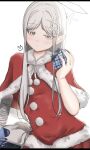  1girl absurdres bandaged_arm bandages blue_archive blush box capelet colored_eyelashes gift gift_box grey_eyes grey_hair hair_ornament halo highres holding holding_gift long_hair nagusa_(blue_archive) parted_lips pom_pom_(clothes) red_capelet santa_costume simple_background solo tounooji_(akiomeromisa) white_background 