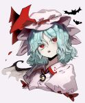  1girl absurdres animal bat_(animal) bat_wings blue_hair collared_shirt hat hat_ribbon highres ichirugi mob_cap open_mouth puffy_short_sleeves puffy_sleeves red_eyes red_ribbon remilia_scarlet ribbon shirt short_hair short_sleeves simple_background solo touhou upper_body white_background white_headwear white_shirt wings 