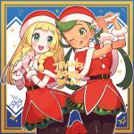  2girls :d ;q belt blonde_hair blush braid christmas cosplay dress eyelashes green_eyes green_hair hands_up hat highres holding kinocopro lillie_(pokemon) long_hair mallow_(pokemon) milestone_celebration multiple_girls one_eye_closed open_mouth pantyhose pastry_bag pokemon pokemon_masters_ex pokemon_sm red_dress red_headwear rosa_(holiday_2019)_(pokemon) rosa_(pokemon) rosa_(pokemon)_(cosplay) santa_costume santa_hat smile swept_bangs teeth thank_you tongue tongue_out twin_braids twintails upper_teeth_only 