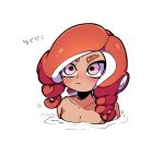  1girl closed_mouth collarbone commentary_request dot_nose drill_hair ebio(evi3_da) eyebrow_cut frown highres long_hair octoling octoling_girl pink_eyes red_hair simple_background solo splatoon_(series) submerged tentacle_hair translation_request twin_drills upper_body white_background 