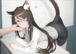  1girl 1other aina_(mao_lian) animal_ear_fluff animal_ears bent_over black_skirt blue_eyes cat_ears cat_tail closed_mouth cowboy_shot desk glasses heart indoors leaning_on_table long_hair long_sleeves mao_lian_(nekokao) miniskirt original over-rim_eyewear semi-rimless_eyewear shirt side_slit skirt smile solo_focus tail white_shirt 