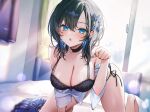  1girl :o all_fours aoharu_x_fetishism bed_sheet black_bra black_choker black_hair black_jacket black_panties blue_eyes blue_hair blue_skirt blush bra breasts butterfly_hair_ornament choker cleavage clothes_lift colored_inner_hair curtains hair_between_eyes hair_ornament hairclip highres indoors jacket large_breasts looking_at_viewer multicolored_hair nekoyashiki_pushio non-web_source on_bed open_mouth panties paw_pose pillow plaid plaid_skirt school_uniform shirt side-tie_panties skirt skirt_lift solo two-tone_hair underwear unworn_jacket white_shirt window 