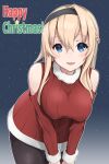  1girl bare_shoulders black_hairband black_pantyhose blonde_hair blue_eyes braid breasts christmas clothing_cutout french_braid hair_between_eyes hairband highres kantai_collection kodama_(mmt_uf) large_breasts leaning_forward long_hair long_sleeves looking_at_viewer pantyhose red_sweater shoulder_cutout sidelocks simple_background solo sweater warspite_(kancolle) 