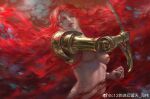  1girl absurdres amputee armor blind breasts elden_ring fengweic12 gold_armor golden_sword highres holding holding_sword holding_weapon long_hair malenia_blade_of_miquella mechanical_arms prosthesis prosthetic_arm red_hair single_mechanical_arm solo sword triple_amputee weapon 