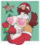 ahoge anthro areola ball_bra balls big_areola big_balls big_breasts big_butt big_nipples big_penis bow_(feature) breasts brown_hair butt canid canine canis christmas christmas_clothing christmas_headwear clothing cock_sock domestic_dog english_text floppy_ears footwear genitals gynomorph hair hair_over_eyes hands_behind_back hat headgear headwear hi_res holidays huge_balls huge_breasts huge_nipples huge_penis humanoid_genitalia humanoid_penis hyper hyper_balls hyper_genitalia hyper_penis intersex legwear mammal merry_christmas multicolored_body nipples penis penis_clothing puffy_areola puffy_nipples santa_hat simple_background slightly_chubby smile smiling_at_viewer socks solo tail tail_motion tailwag text thick_thighs thigh_highs thisnameistaken two_tone_body wide_hips