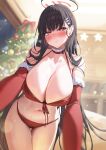  1girl bare_shoulders bikini black_hair blue_archive blush breasts bright_pupils christmas christmas_tree cleavage cowboy_shot front-tie_bikini_top front-tie_top hair_ornament halo heart highres indoors large_breasts leaning_forward long_hair looking_at_viewer navel parted_lips red_bikini red_eyes rio_(blue_archive) solo swimsuit thighs white_pupils yampa 