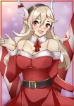  1340smile 1girl :d absurdres alternate_costume bare_shoulders belt black_belt black_hairband blonde_hair bra_strap breasts christmas cleavage commentary commentary_typo corrin_(female)_(fire_emblem) corrin_(fire_emblem) dress fire_emblem fire_emblem_fates hairband highres horns long_hair long_sleeves looking_at_viewer medium_breasts off-shoulder_dress off_shoulder open_mouth pointy_ears red_dress red_eyes smile solo upper_body very_long_hair 